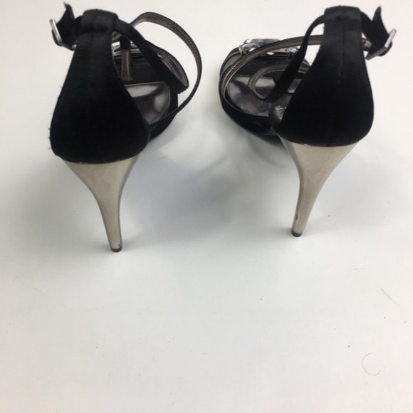 Nina Black/Silver Satin Jewel Heel Peep-Toe Pumps - Picture 2 of 12